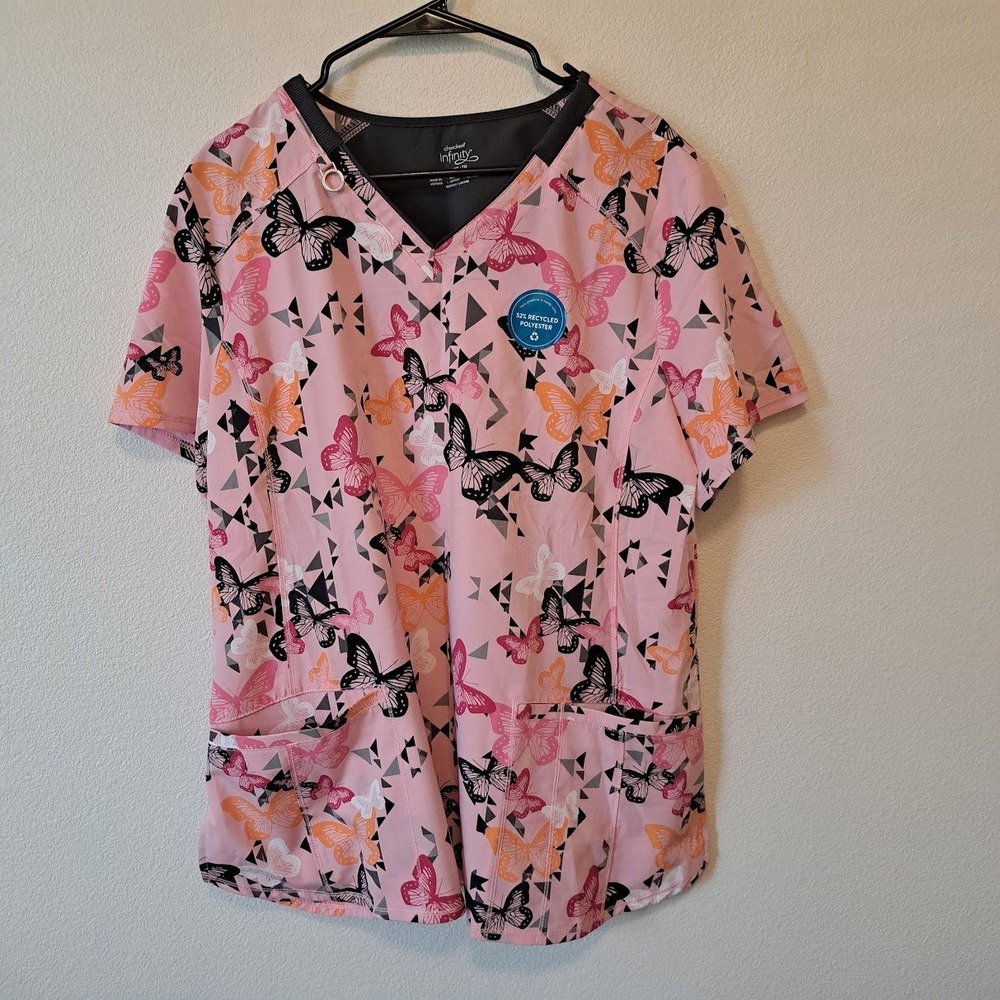 Cherokee Infinity Pink Butterfly Print Scrub Top V-Neck CK634 XL